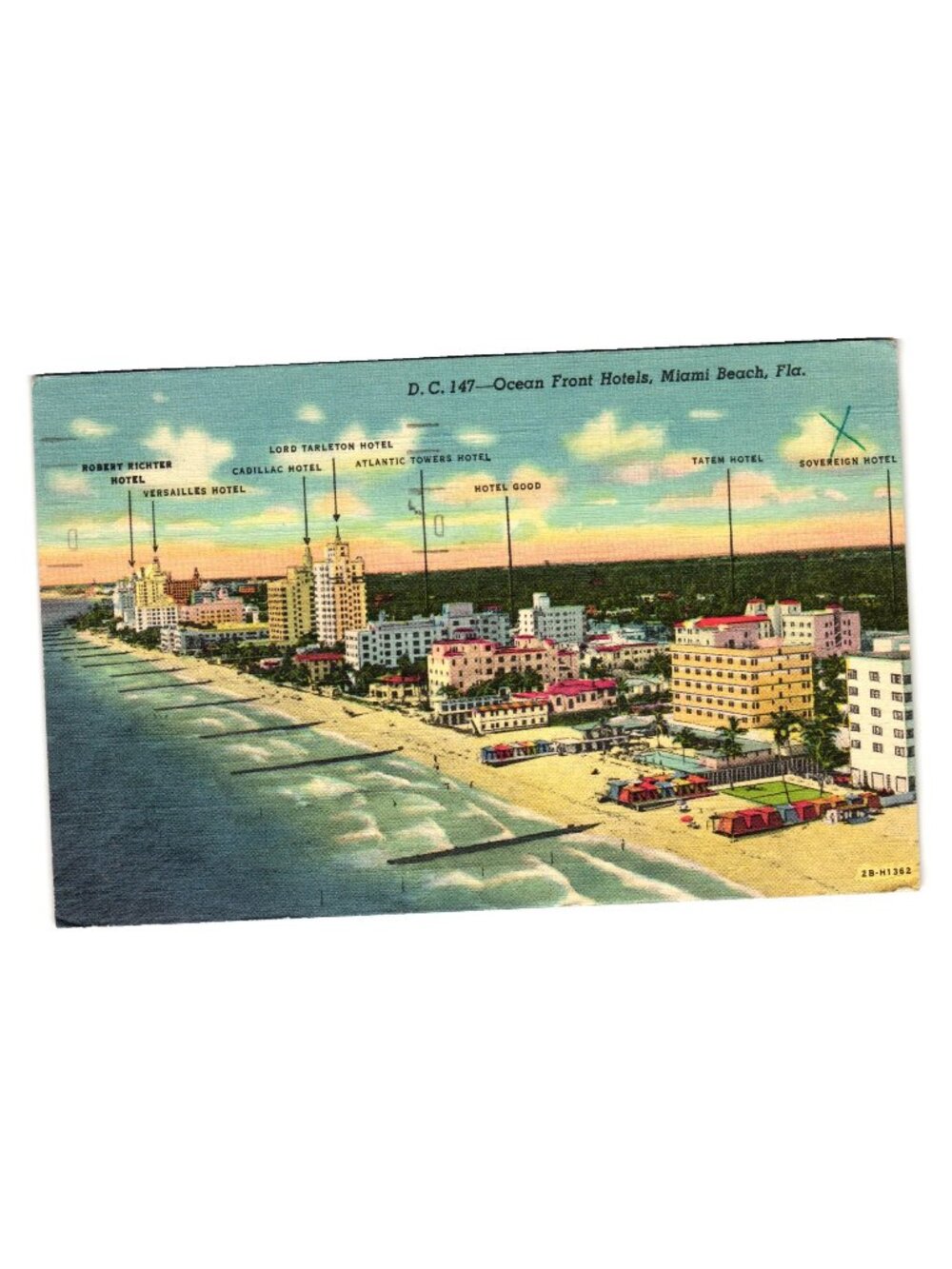 Ocean Front Hotels Vintage Miami Beach Florida Color Postcard Illustration